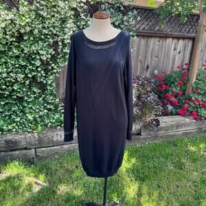 Roxy Women's Black Sweater Knit Dress Crochet And Metal Hardwear Details Size 10